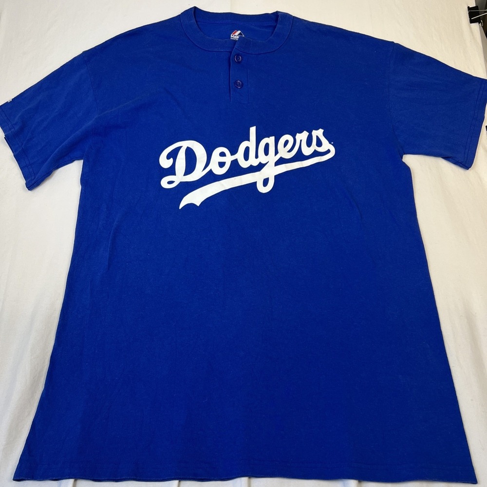 Majestic Los Angeles Dodgers Henley Shirt XL Blue Coach Graphic Short Sleeve MLB